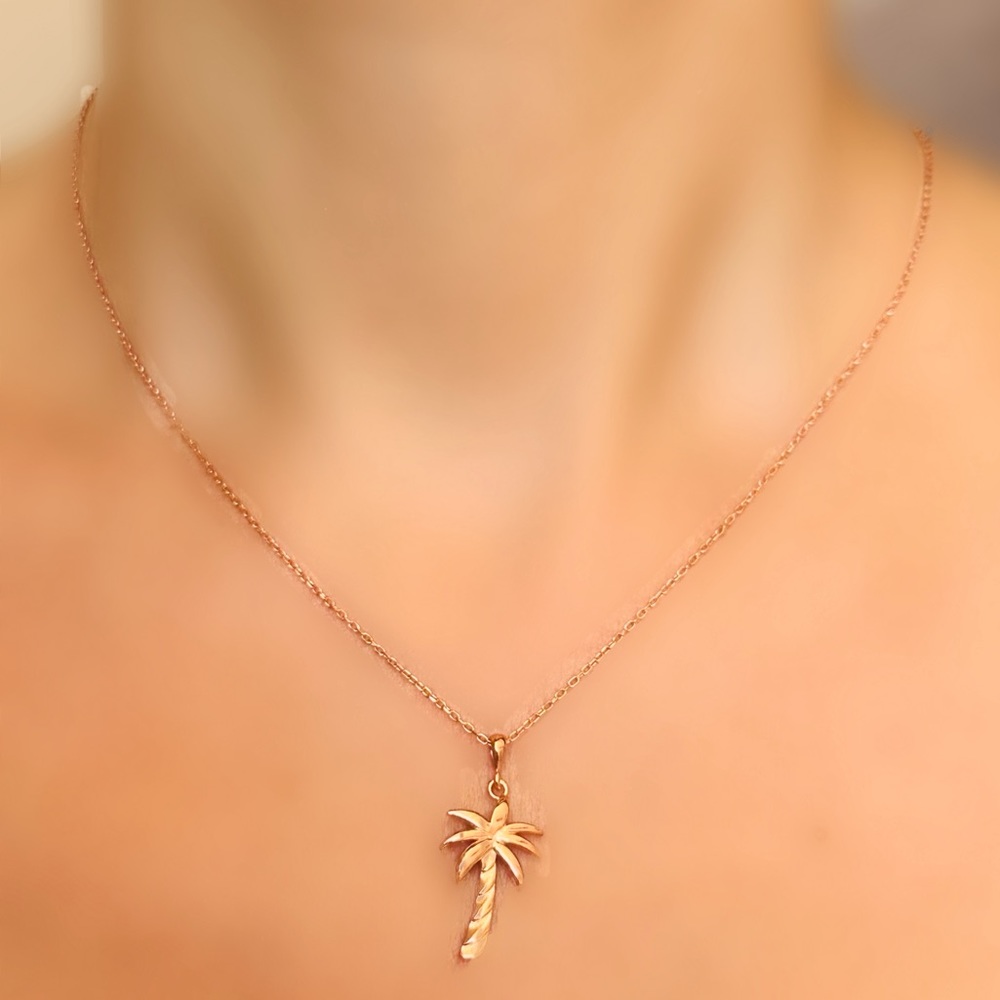 Minimalist Sterling Silver Palm Tree Pendant Necklace, Rose Gold
